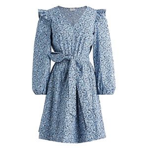 Blue Floral Lightweight cotton puff-sleeve mini dress